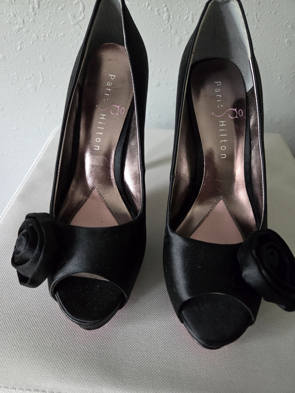 Paris Hilton Black Peep-Toe Heels with Rosette